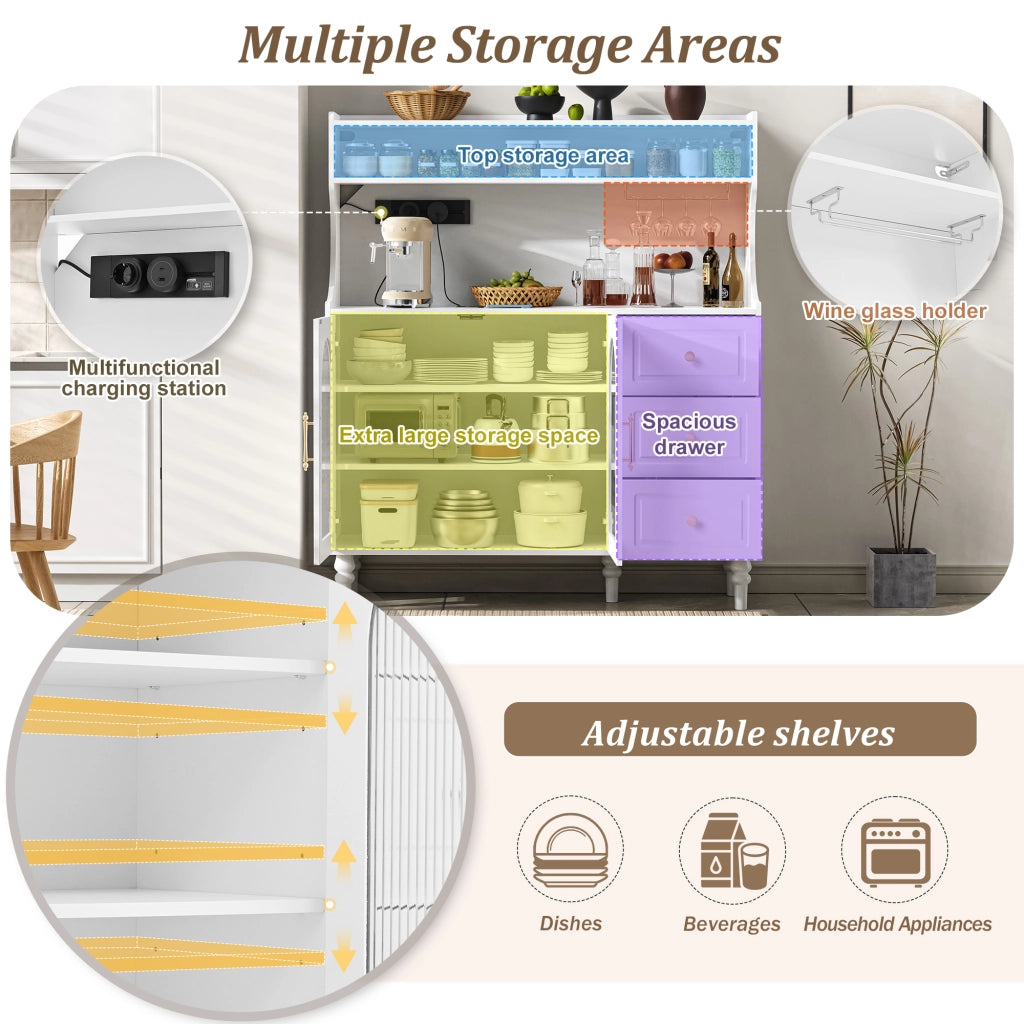 Mobile bar con 3 cassetti e ripiani regolabili; portabicchieri e presa; per cucina e sala da pranzo; 120×40×138.5 cm; bianco