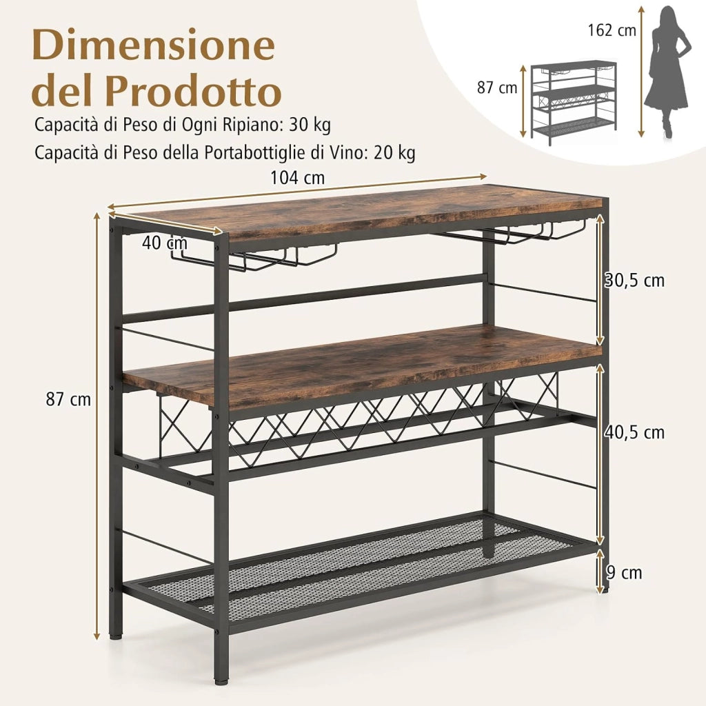 Mobile Portabottiglie di Vino e Calici da Terra, Scaffale Porta Vino su 3 Ripiani con Supporti per Bicchieri e Bottiglie, Tavolo Porta Vino da Bar, per Cucina e Soggiorno, Marrone Rustico