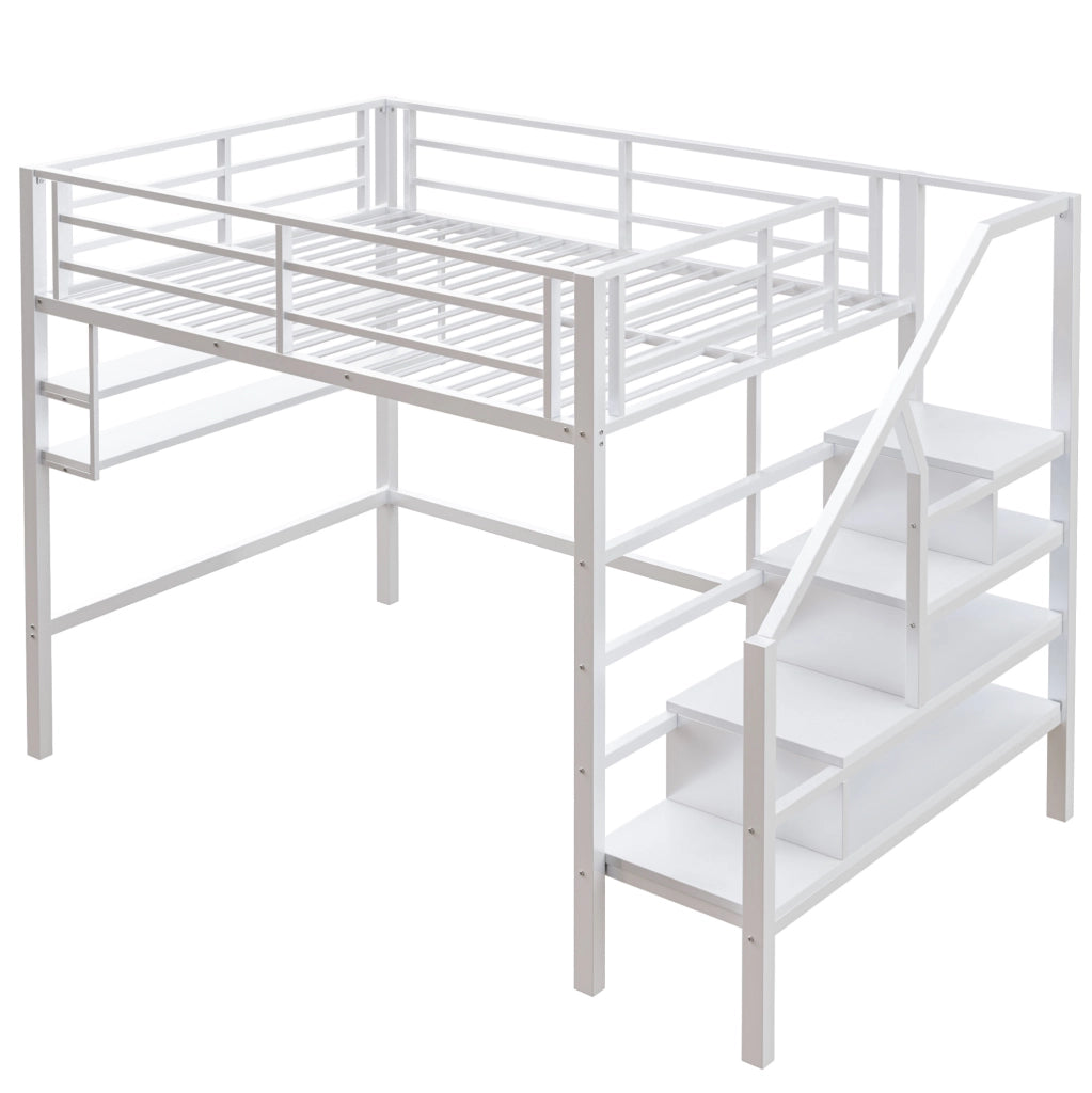 Letto a castello 140x200 cm con scaffali e scala contenitore; metallo; bianco (Senza materasso)