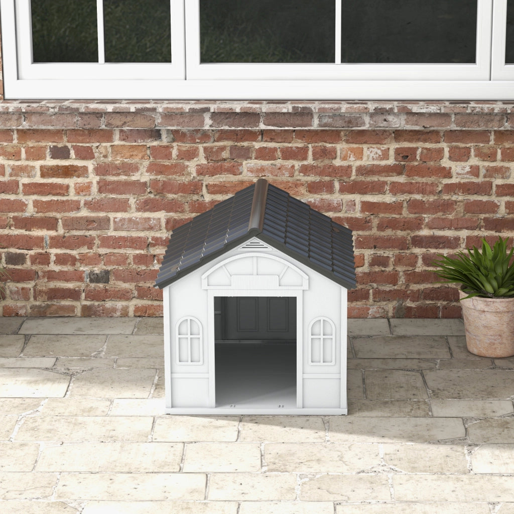 Cuccia per Cani in Plastica con Tetto Spiovente, Resistente alle Intemperie, Grigia, 65 x 75,7 x 63 cm