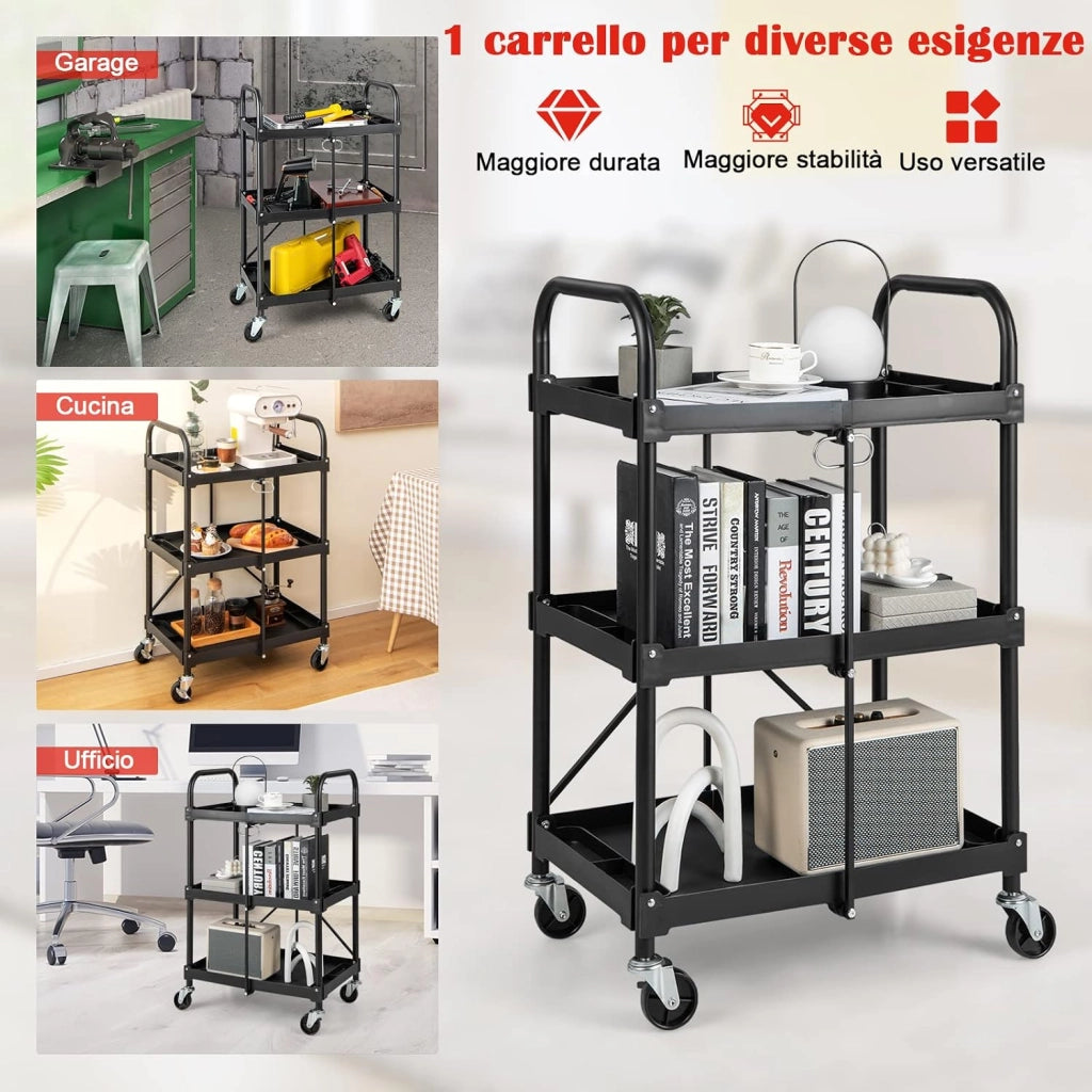 Carrello Pighevole a 3 Livelli, Carrello Multiuso con 4 Ruote, Organizzatore di Stoccaggio per Ufficio Cucina Studio, 61x44x96 cm, Nero