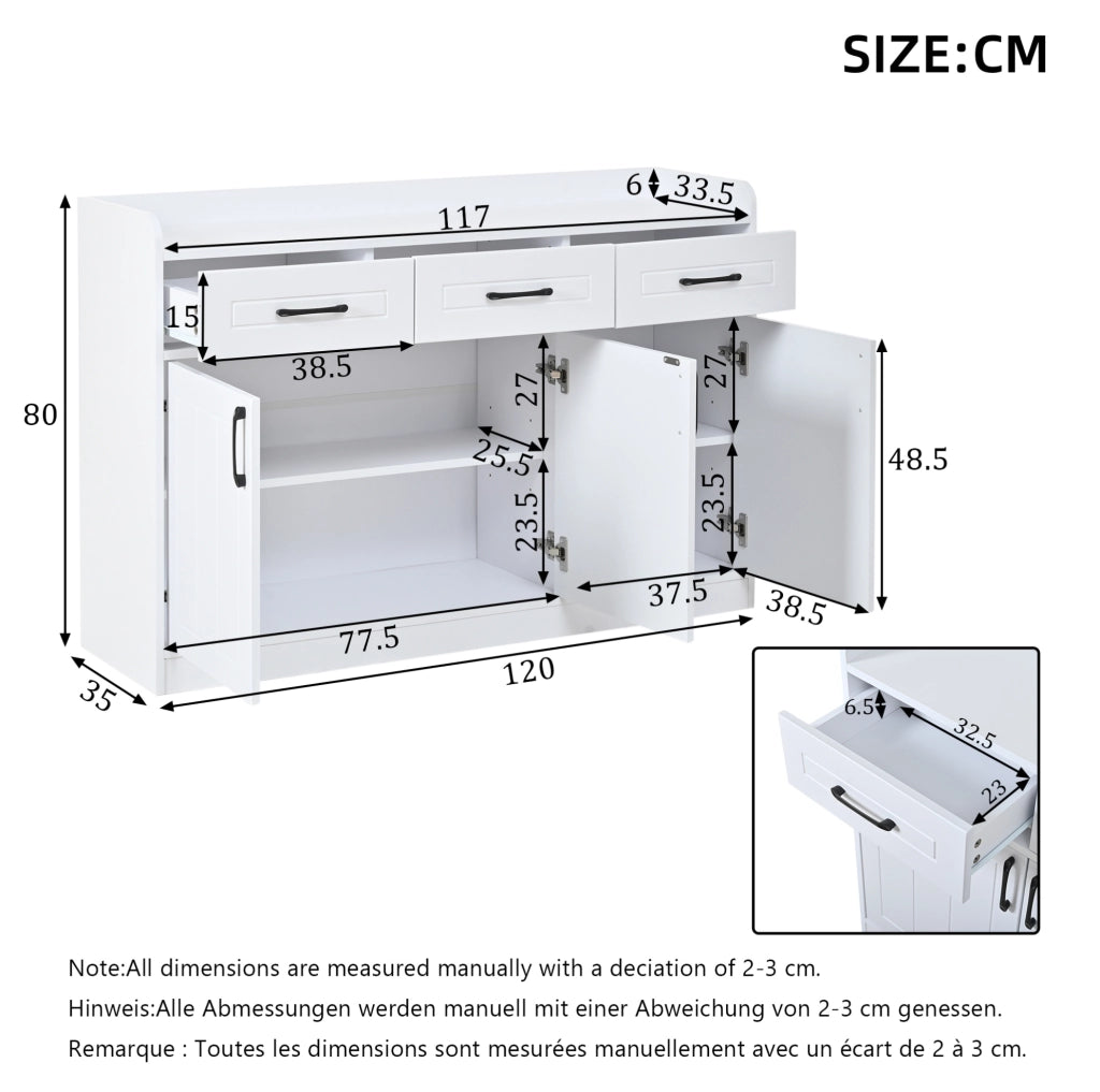 Mobile contenitore bianco 120x35x80 cm con 3 cassetti, 3 porte e ripiani regolabili