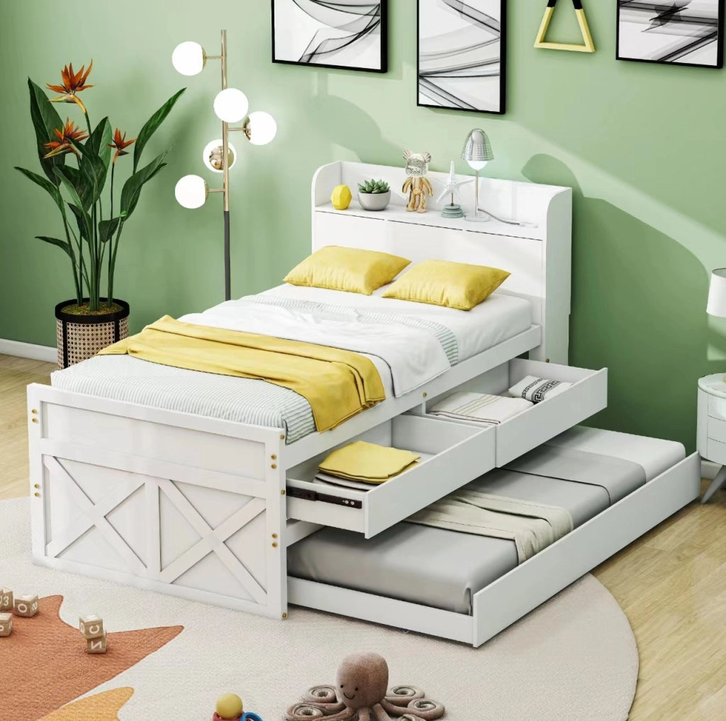 Letto 90x190 cm con letto estraibile; cassetti e USB in legno