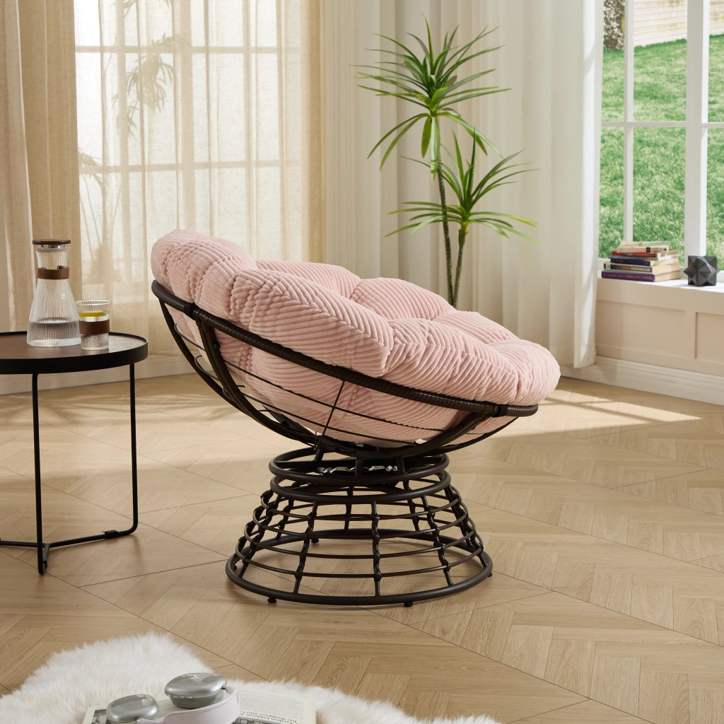Poltrona girevole a 360° in acciaio e rattan sintetico rosa con cuscino imbottito per soggiorno e camera