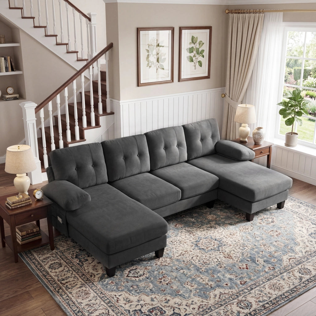 Divano angolare 4 posti - con chaise longue; tasche laterali e schienale trapuntato - in chenille grigio