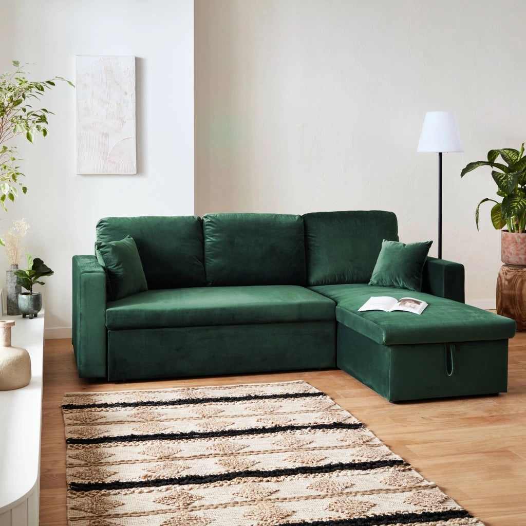 Divano letto angolare reversibile in velluto, 3 posti, verde inglese