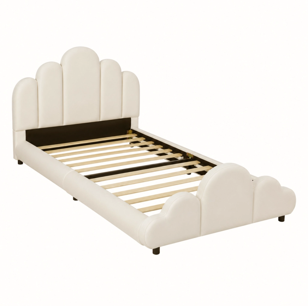 Letto singolo imbottito per bambini 90x200 cm con testiera in velluto beige e angoli arrotondati