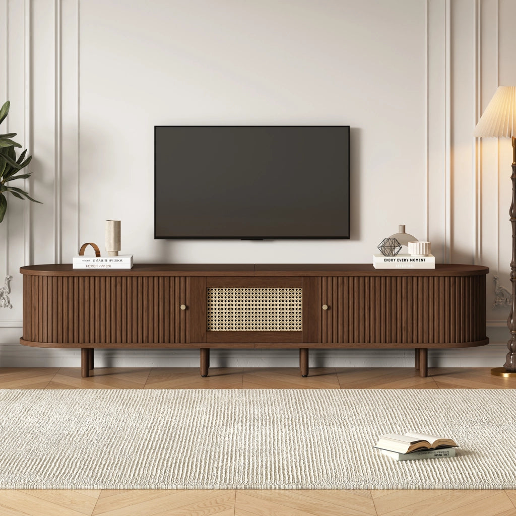 Mobile TV con 1 cassetto; 2 ante scorrevoli e 1 vano aperto; piedi regolabili per soggiorno; in MDF; noce scuro; 180 × 40 × 40 cm