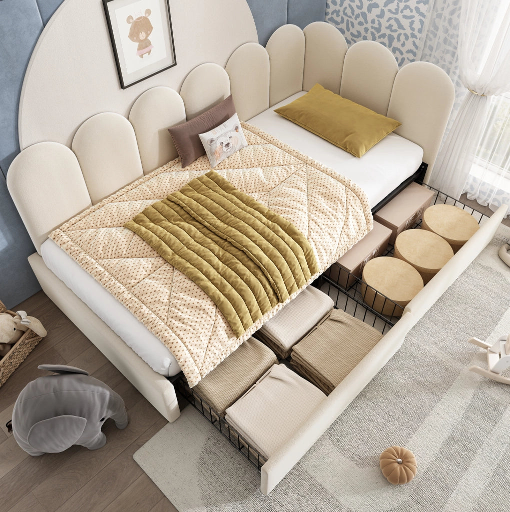 Letto singolo imbottito 90x190 cm con 2 cassetti e rete a doghe; velluto beige