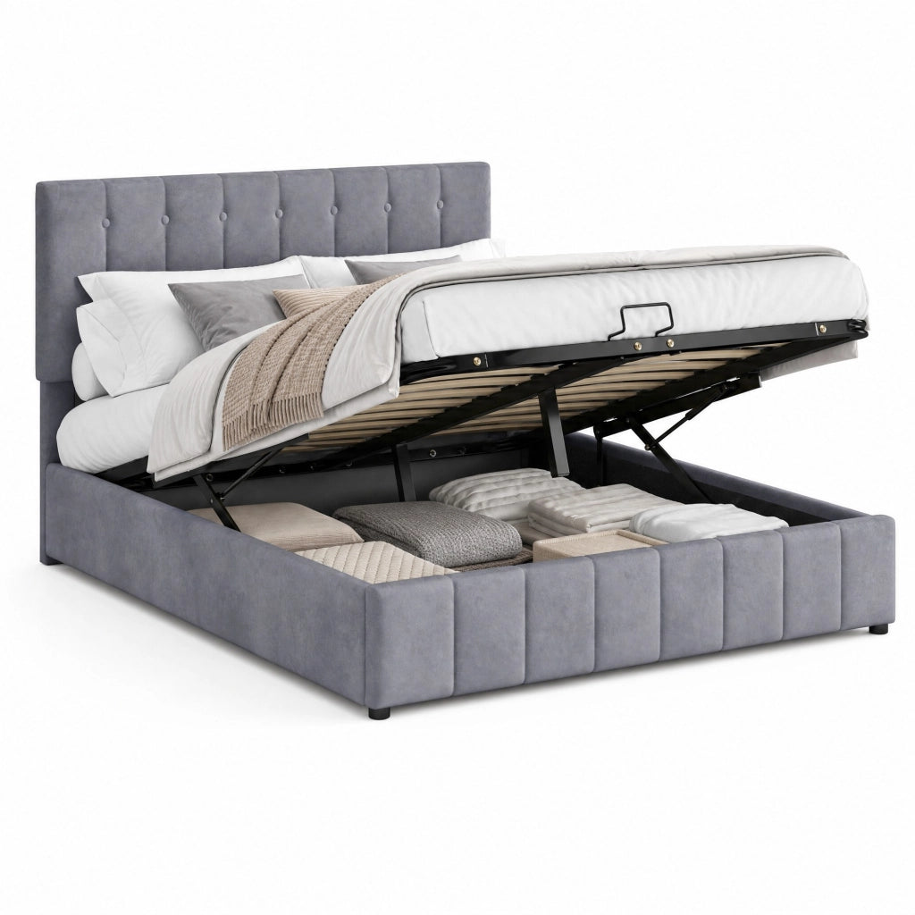 Letto matrimoniale imbottito 140x200 cm con contenitore; meccanismo idraulico e velluto grigio