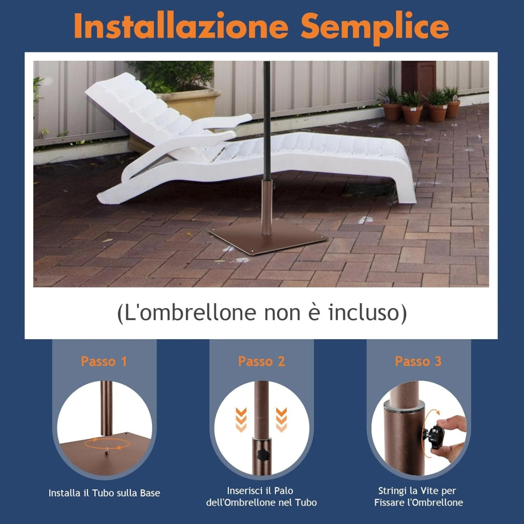 Base per Ombrellone Quadrata 50 cm, 16 kg con 4 Piedini Regolabili, Adattatori da 4cm/5cm, Supporto Ombrellone Installazione Veloce, per Patio Piscina (Marrone)