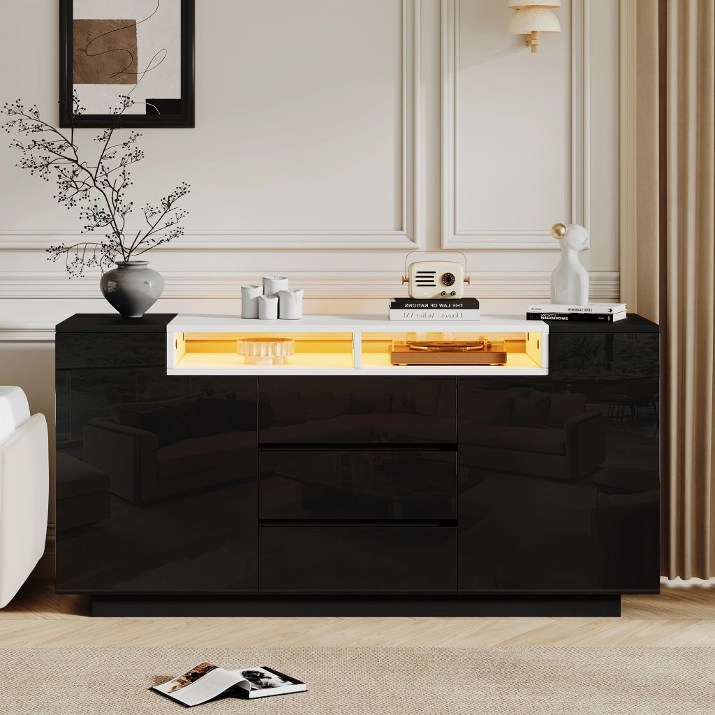 Credenza con 2 ante e 3 cassetti; illuminazione LED; per soggiorno; 140x40x68 cm; nera