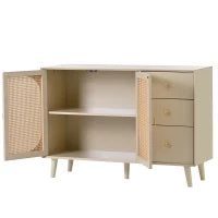 Credenza Moderna per Soggiorno con 2 Ante in Rattan e 3 Cassetti, Multiuso e Spaziosa, Bianco