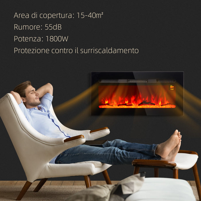 Camino Elettrico da Parete 1800W con Telecomando e Display LCD 91,4x15,8x45 cm Nero