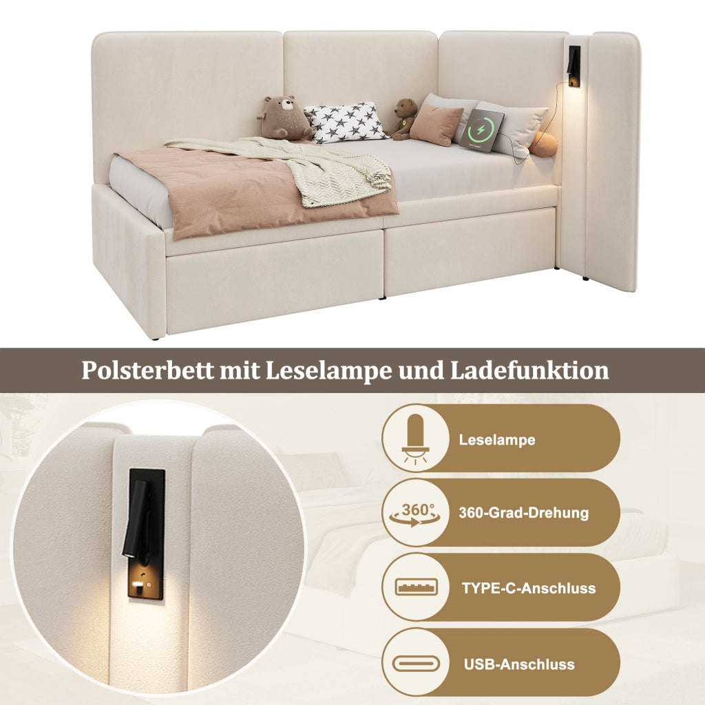 Letto giorno con cassettoni in velluto beige 90x200 cm