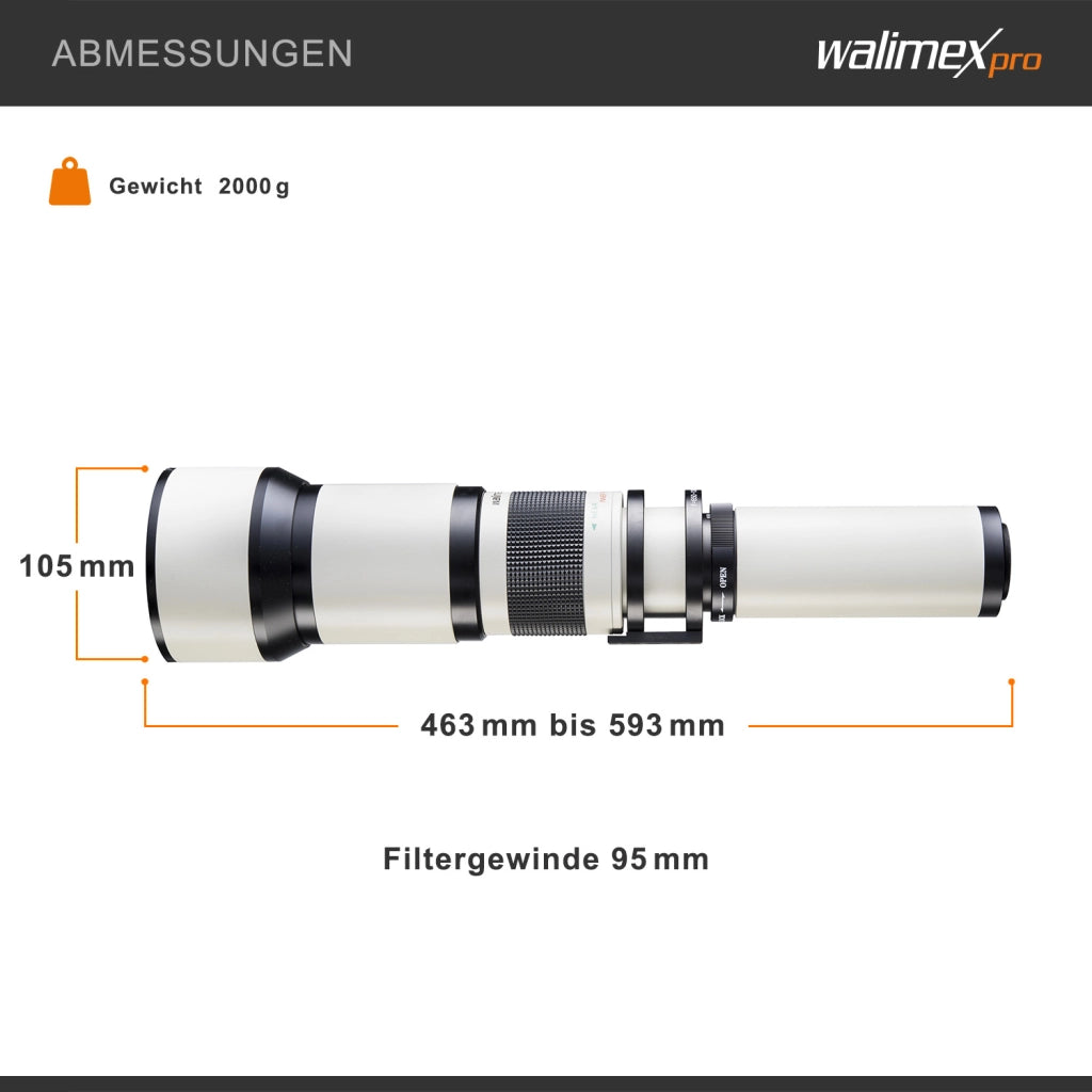 Teleobiettivo 650-1300mm 1:8-16 CSC per T2 - Focus manuale, obiettivo zoom tele per full-frame e Sensore APS-C, incl. coperchio e custodia