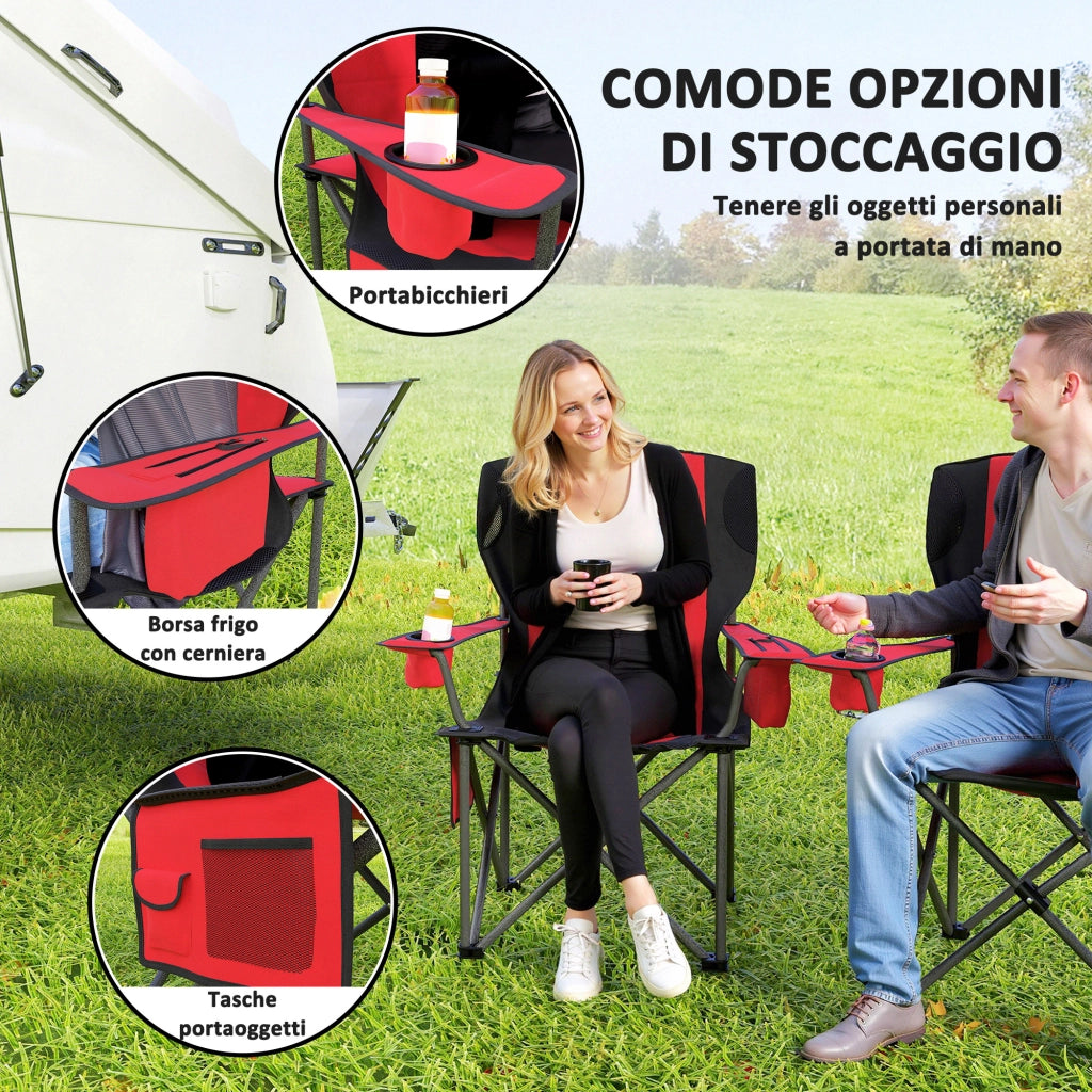 Set 2 Sedie da Campeggio Pieghevoli 94x62x100 cm con Borsa Frigo Integrata Rosso