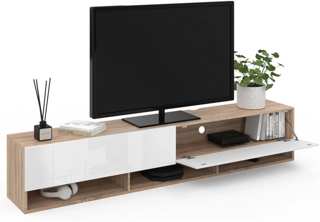 Mueble TV suspendido ELIO 2 puertas con estantes de madera y blanco 180 cm