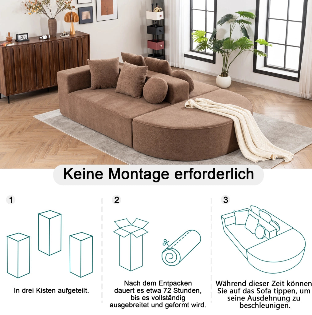 Divano modulare ULEVR 263x171 cm trasformabile in letto, ciniglia marrone con 6 cuscini