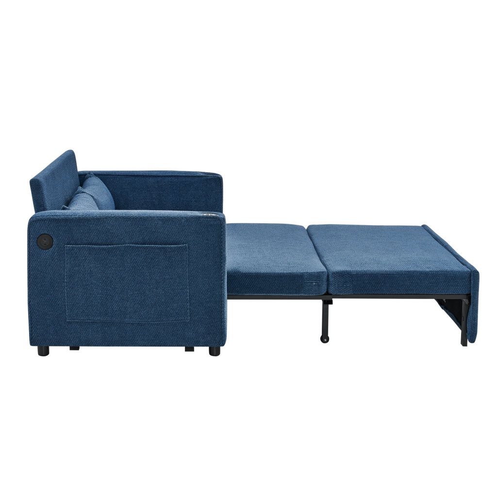 Divano letto 2 posti navy blue con sistema a scorrimento e ricarica USB