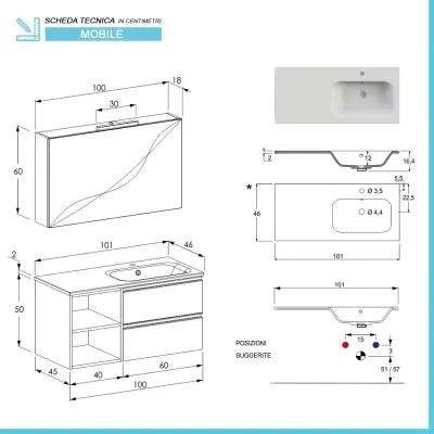 Mobile bagno sospeso 100 cm grigio cemento con cassetti e vani a giorno completo di lavabo a destra e specchio contenitore Master