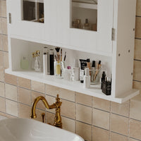 MOBILE DA BAGNO SOSPESO BIANCO A 2 ANTE IN VETRO DA PARETE CON RIPIANI