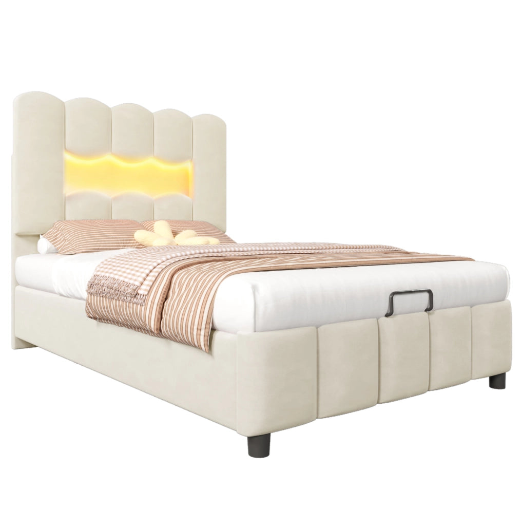 Letto imbottito 90x200 cm con contenitore idraulico; LED multicolore e testiera regolabile; beige