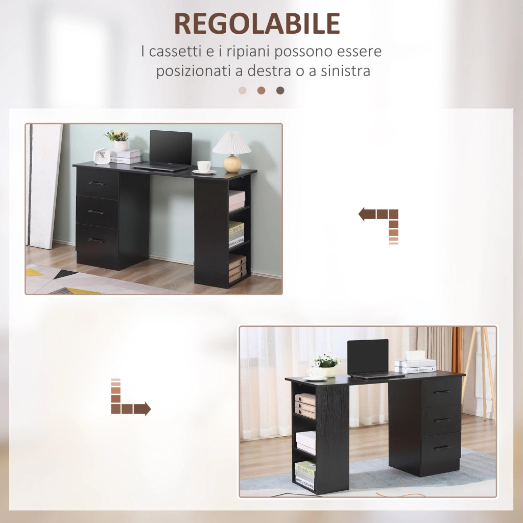 Scrivania Moderna in Legno con 3 Cassetti e 3 Ripiani per Camera e Ufficio, 120x49x72cm, Nero