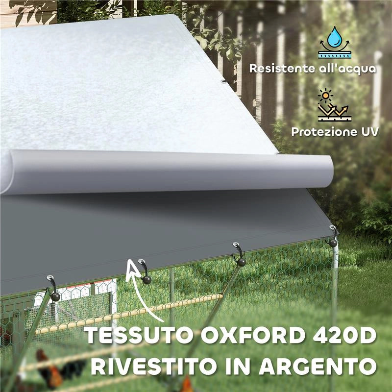 RECINTO PER GALLINE DA 6M¦ PER 6-8 ANIMALI CON TETTO IMPERMEABILE MANGIATOIA E POSATOIO 3X2X1.9M ARGENTO