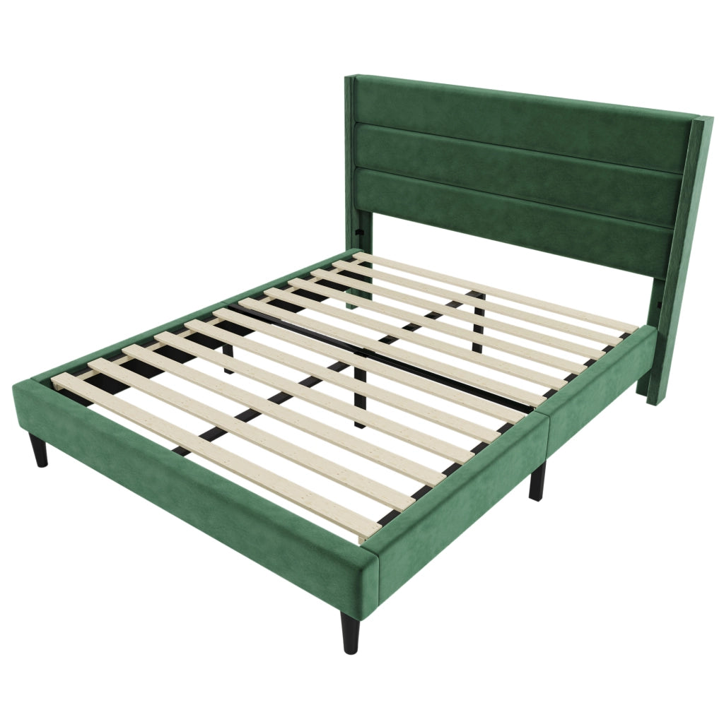 Letto imbottito 140x200 cm con rete a doghe e materasso H3 in velluto verde scuro