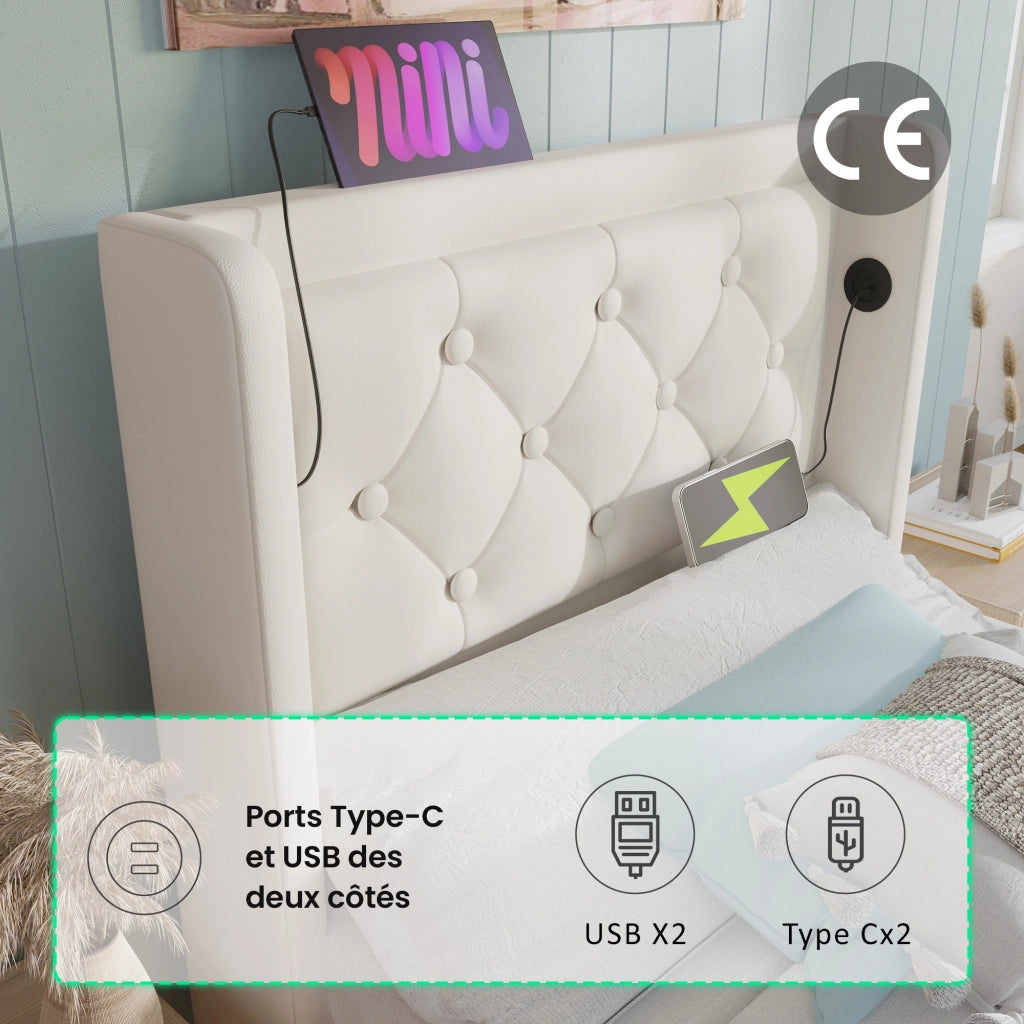 Letto Contenitore Singolo con USB; Tipo C e LED Regolabile 90×200 cm; senza Materasso; in PU Bianco