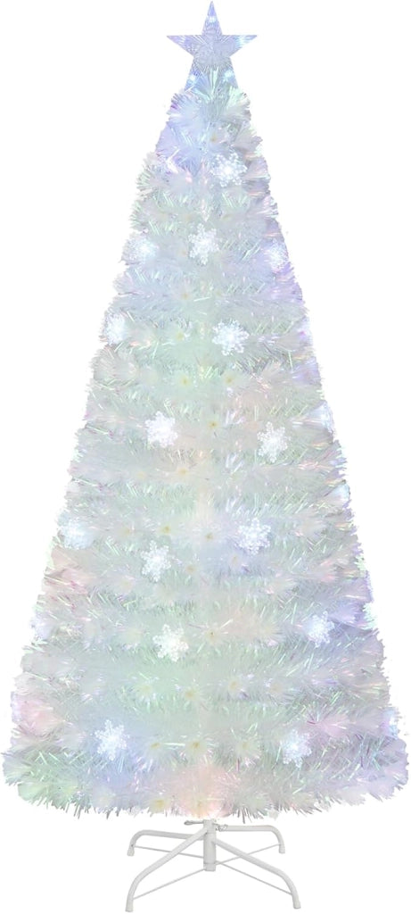 Albero di Natale Pre-illuminato in Fibra Ottica da 120/150/180cm, Albero di Natale Bianco con Foglie Iridescenti, Luci a LED a Fiocco di Neve Multicolore, Luce Superiore a Stella (180 CM)