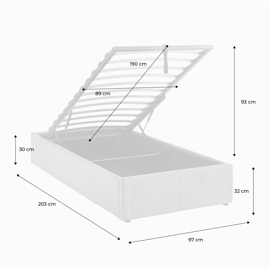 struttura letto con contenitore e rete a doghe 90x190cm, imbottita