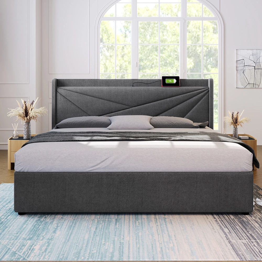 Letto a cassone imbottito - Xylo - 160x200 cm - Grigio - Testiera con USB