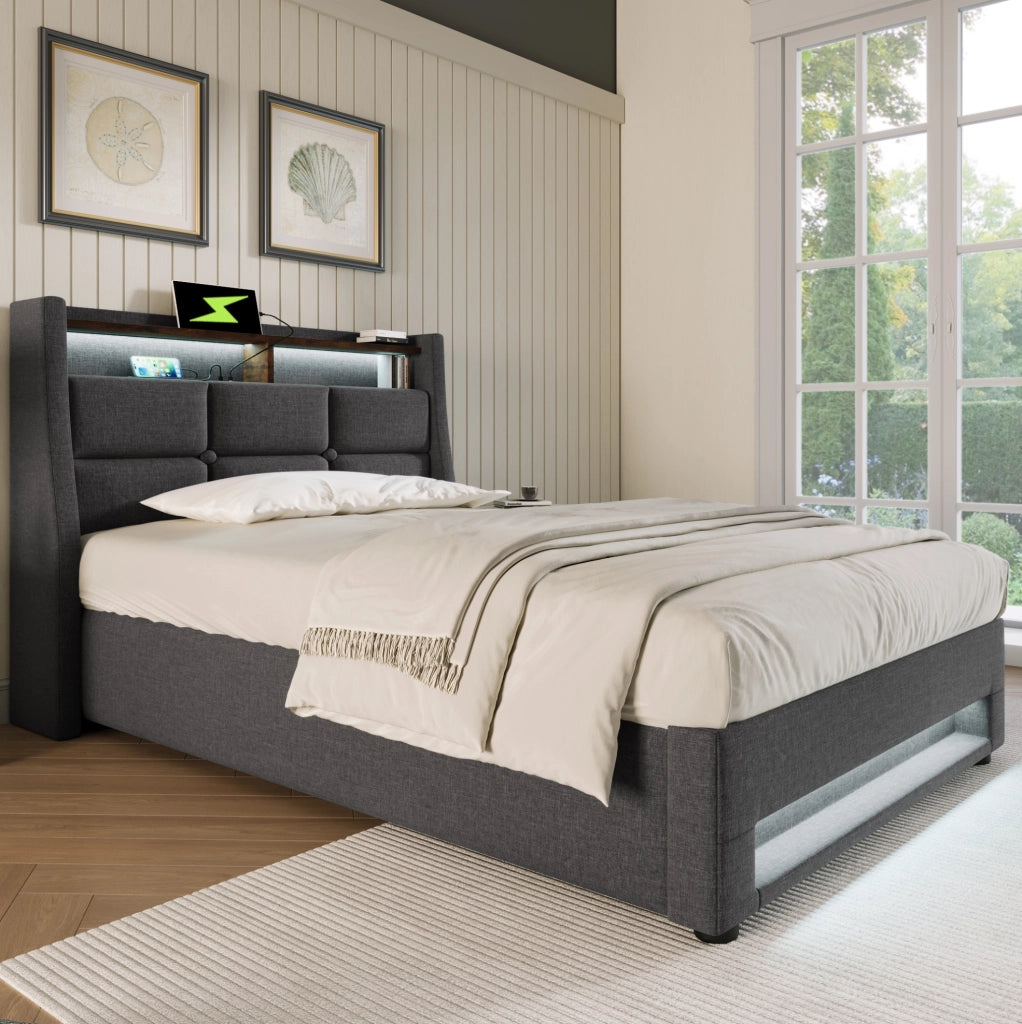 Letto imbottito 90x200 cm con LED e USB; contenitore con rete; effetto lino grigio