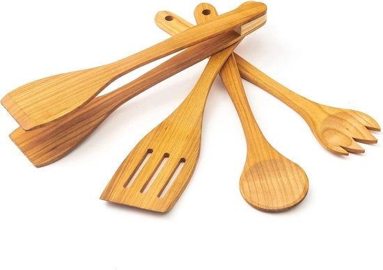 Set di accessori in legno per cucina - Set di accessori cucina - Supporto - Set di accessori cucina con supporto - Set di accessori cucina in legno - Spatola in legno - Spatola e cucchiaio - Cucchiaio e ciotola - Set di spatole -