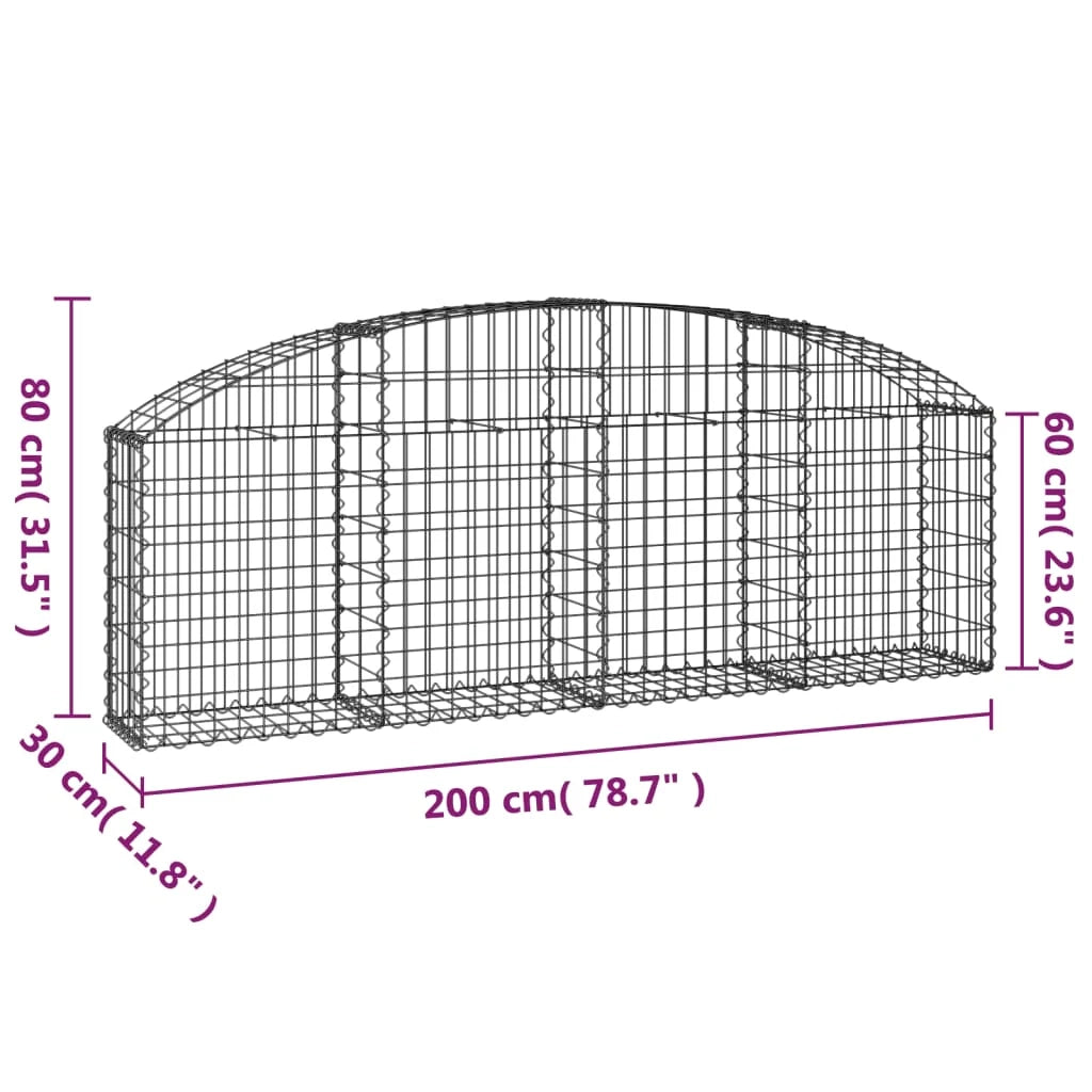 Cesto gabbione recinzione a gabbia muro di contenimento ad arco 200 x 30 x 60/80 cm ferro zincato argento 02_0040013