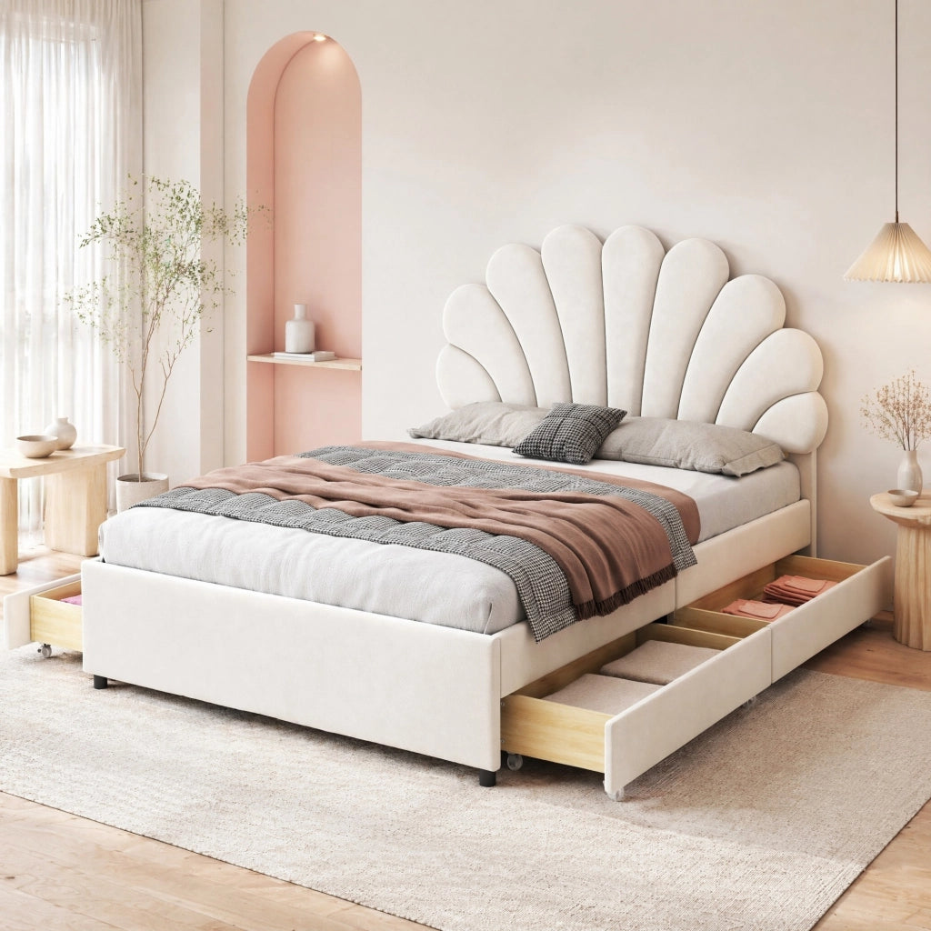 Letto imbottito 140 x 200 cm con 4 cassetti; testiera floreale in velluto beige