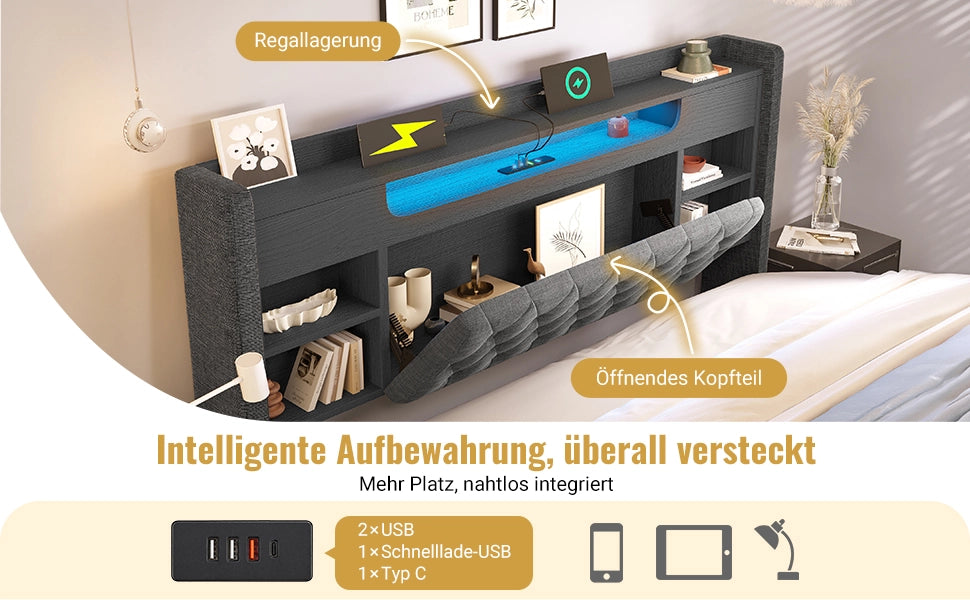 Letto contenitore 160 × 200 cm con illuminazione LED, USB e Type-C, testiera con ripiani, senza materasso, grigio