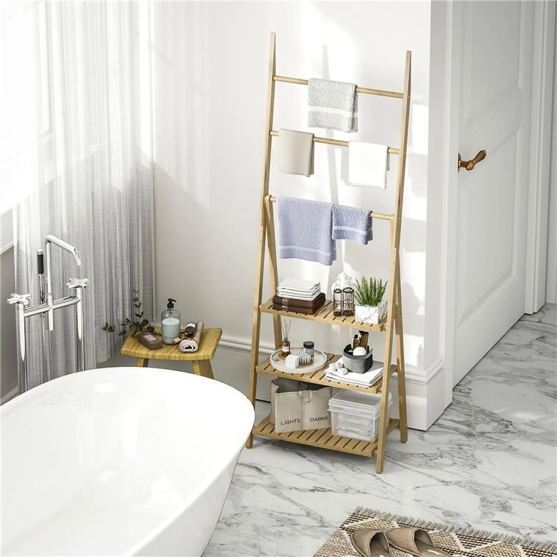 SCAFFALE BAGNO 3 RIPIANI CON PORTA ASCIUGAMANI A 3 BARRE AUTOPORTANTE E PIEGHEVOLE IN LEGNO DI BAMBÙ