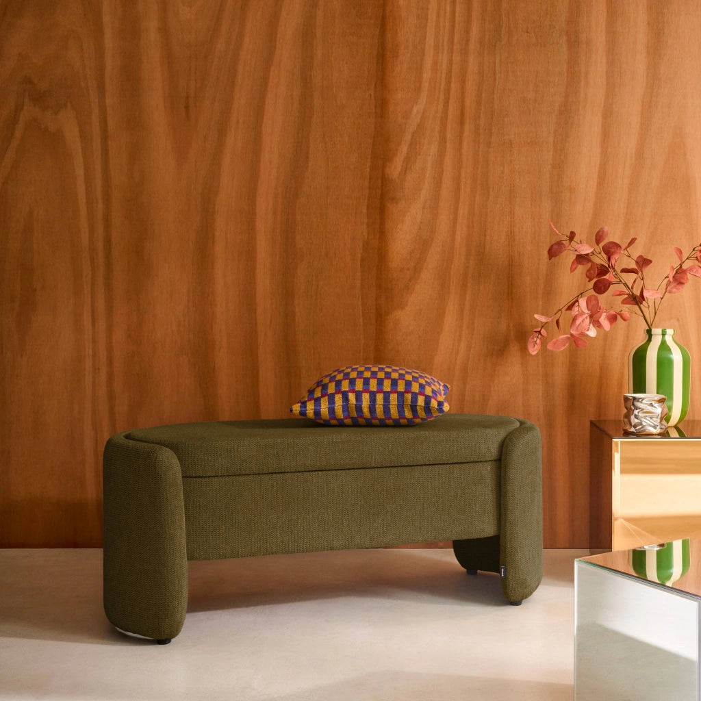 Panca contenitore, fondo letto contemporaneo in tessuto, verde kaki
