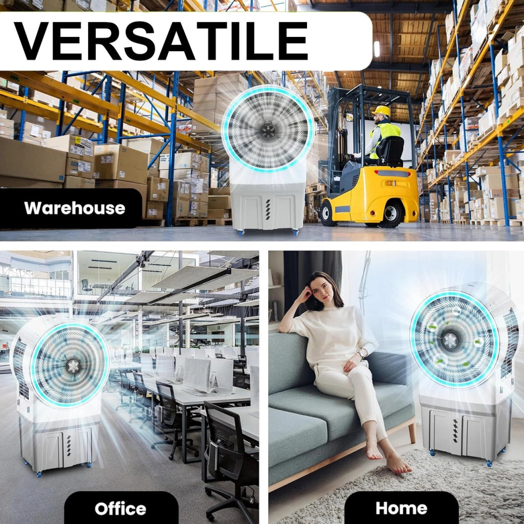 Ventilatore Raffrescatore d’Aria Evaporativo 150W – Tanica 50L con Collegamento Diretto Acqua, LED RGB, Timer e Telecomando, Ideale per Capannoni, Ristoranti, Eventi