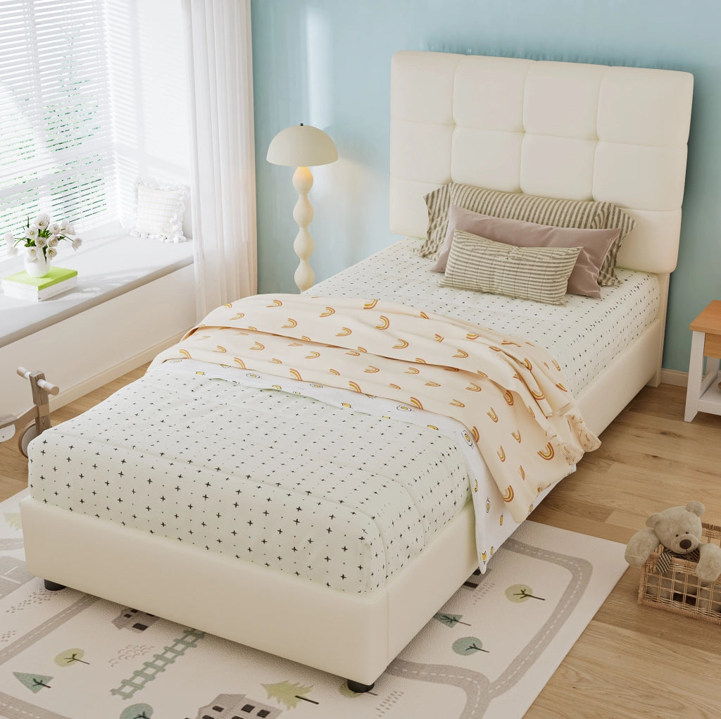 Letto imbottito 90x200 cm con testiera a biscotto; schienale morbido e bordi antiurto in PU beige