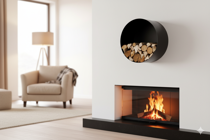 Porta Legna a Muro Ø55x30 cm in Ferro Verniciato Grigio Martellato