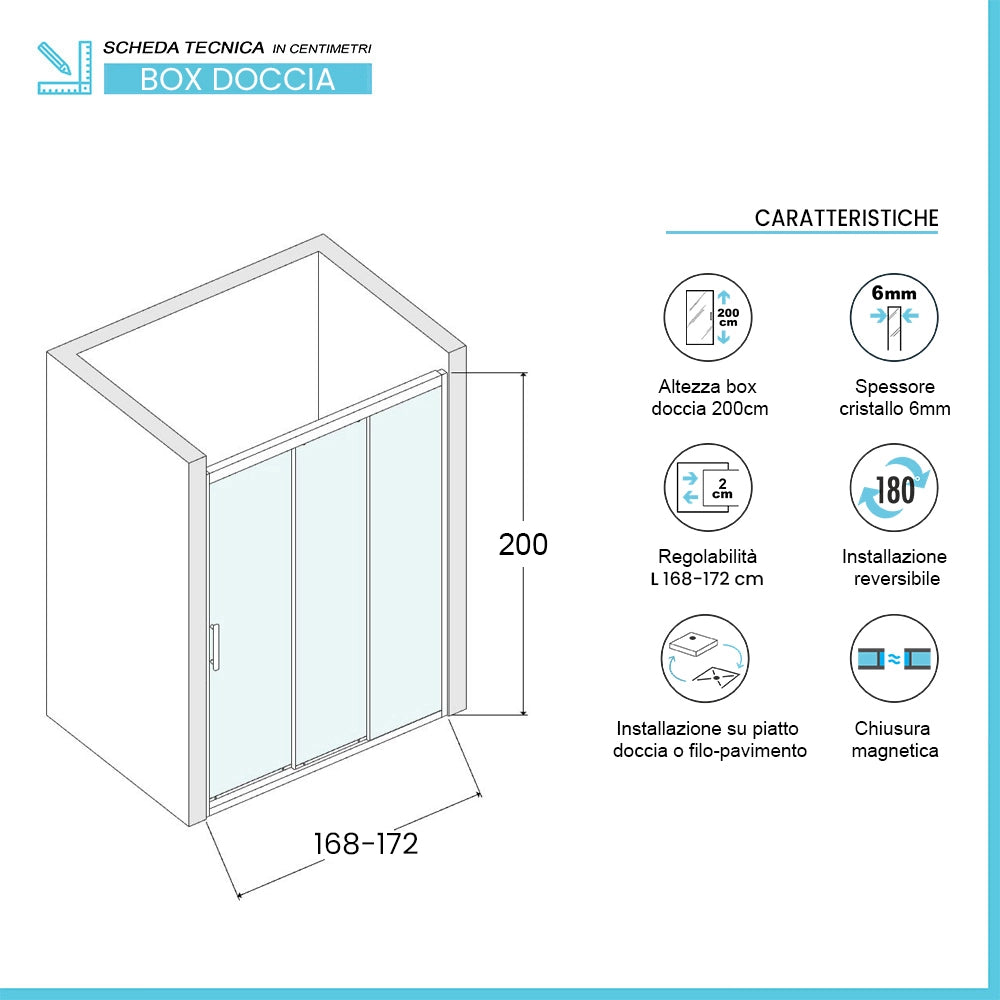 Porta doccia nicchia 170 cm scorrevole 3 ante trasparenti H 200 cm Ted