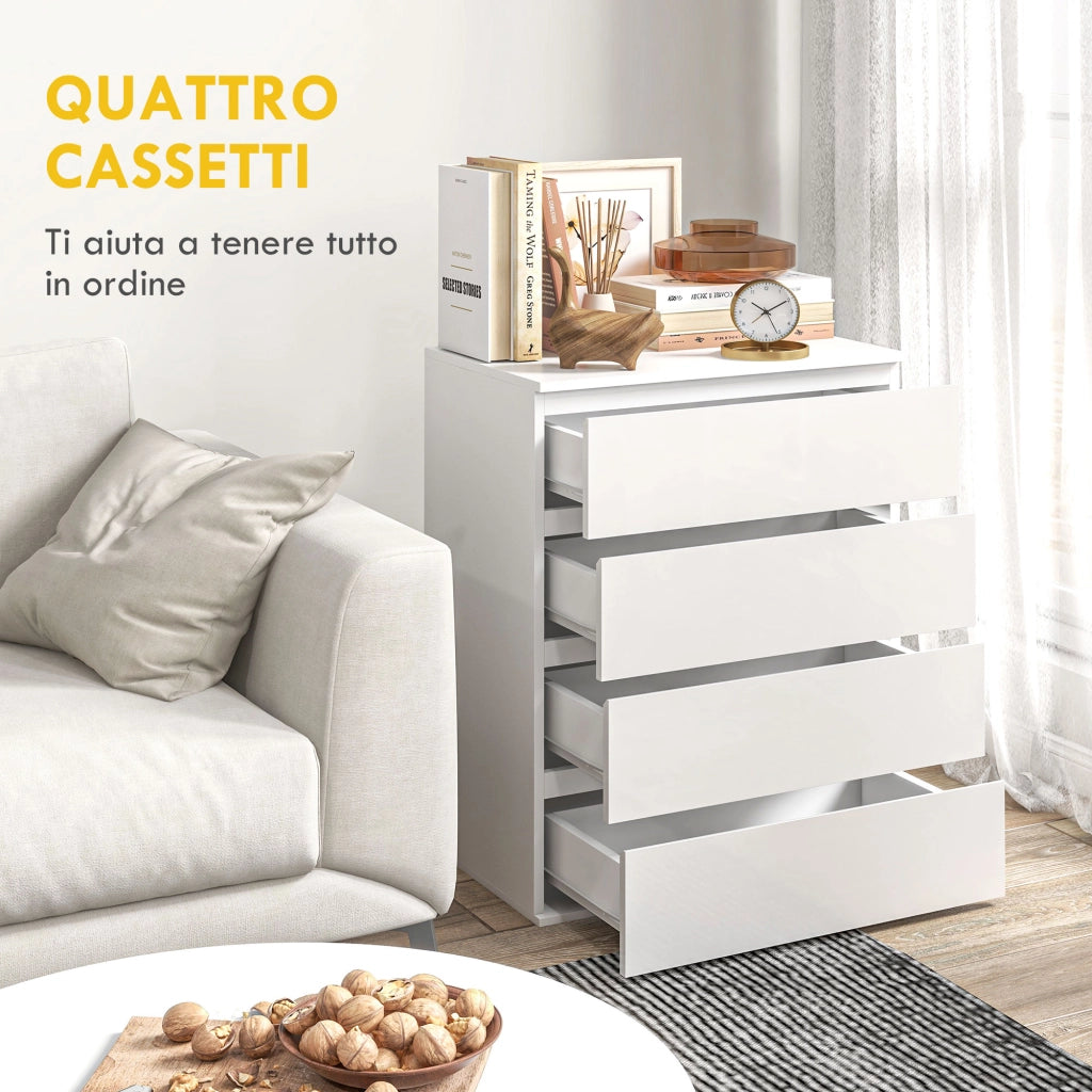 EasyComfort Cassettiera 4 Cassetti in Truciolato con Guide in Metallo e Maniglie Scanalate, 60x40x80 cm, Bianco