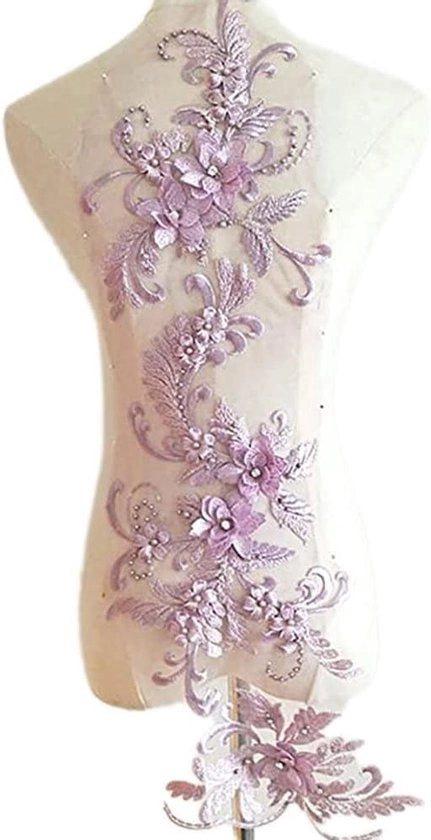 Pannelli 3D di finitura - applicazione - ricamo - perle - motivo floreale - decorazione di bordo per artigianato - cucito - taglio - matrimonio - abito da sposa - decorazione - azzurro.