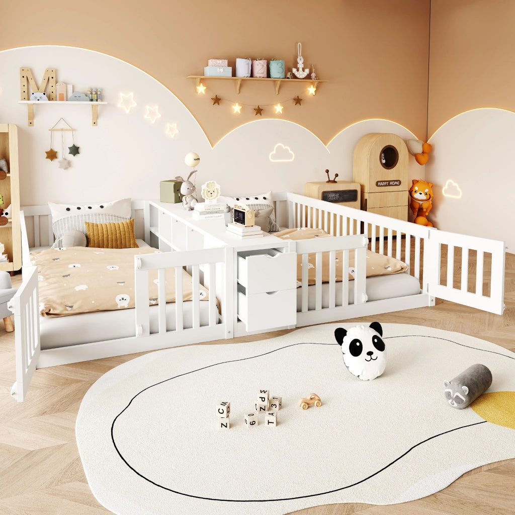 Letto per bambini 90 × 200 cm con scaffale centrale e 2 cassetti, barriere alte, senza materasso, bianco