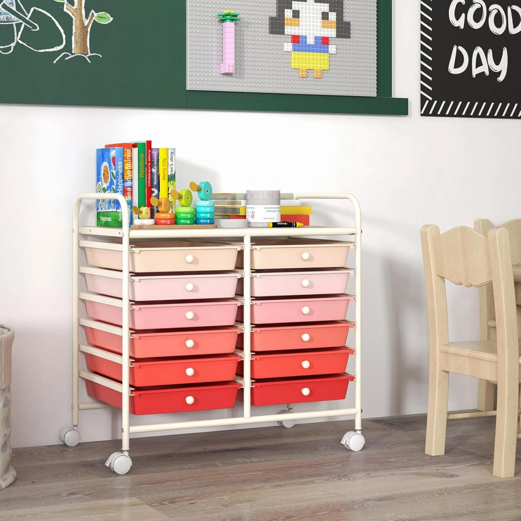 Carrello di Stoccaggio con 12 Cassetti, Carrello portaoggetti con 4 Ruote, Carrello Multiuso per Scuola Ufficio Cucina, 64 x 38 x 62 cm (12 cassetti Rosa sfumato)
