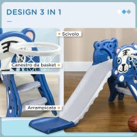Scivolo per Bambini 18-36 Mesi con Canestro da Basket Laterale in PE, 133x60x70 cm, Blu e Grigio